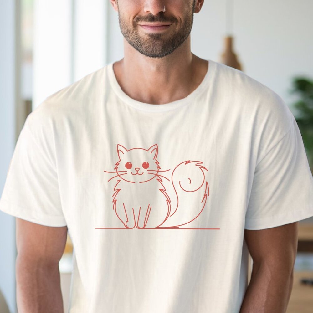 Minimalist Red Outline Cat Graphic T-Shirt Cute Kitten Tee - Picture 4 of 6